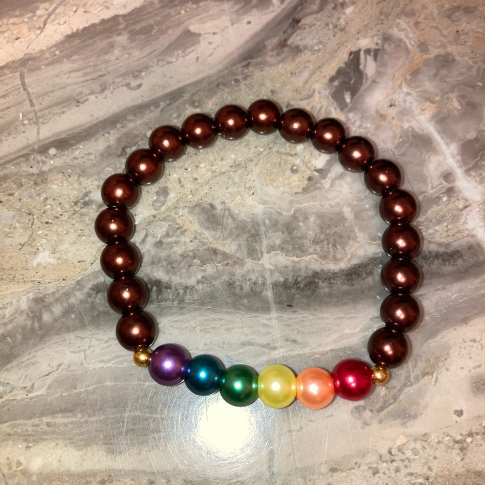Rainbow glass brown bracelet for 8” wrist. Double knot & glued in. Hand-crafted.